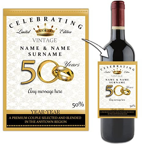 Personalised Golden 50th Wedding Anniversary Wine or Champagne Bottle Sticker Label N14