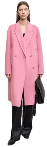 Manteau long en soie pour femme - Col blazer classique à double boutonnage en laine double face, Poudre de rose., XL