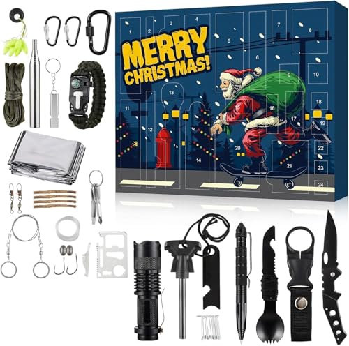 Survival Kit Adventskalender 2024 Männer, Werkzeug Adventskalender, 24 Tage Weihnachtskalender 2024 Weihnachts Countdown Kalender, 2024 Männer Werkzeug Geschenk für Outdoor Enthusiasten (A)
