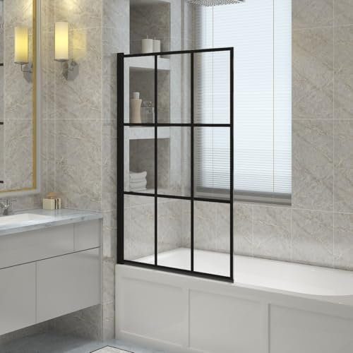 NRG 800 x 1400mm Square Bath Screen Reversible 6mm Grid Glass Black Framed Bathroom Over Bath Screens