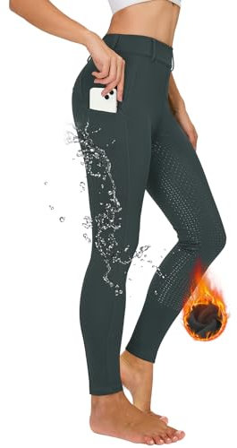 Winter Reitleggings Damen Vollbesatz Thermo Reithose Damen Fleece Gefüttert Wasserdicht mit Handytasche Gürtelschlaufen Grau M