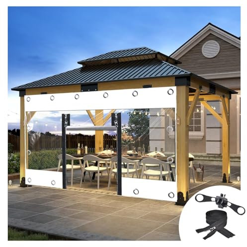 Clear Tarp Patio Enclosure Waterproof PVC Curtains ，for Gazebos with Double Zip ，Transparent Outdoor Tarps Curtains Zipper Door， for Porch, Deck, Balcony, Pergola，700g/㎡(White,H3xW10m/H9.8xW32.8ft)