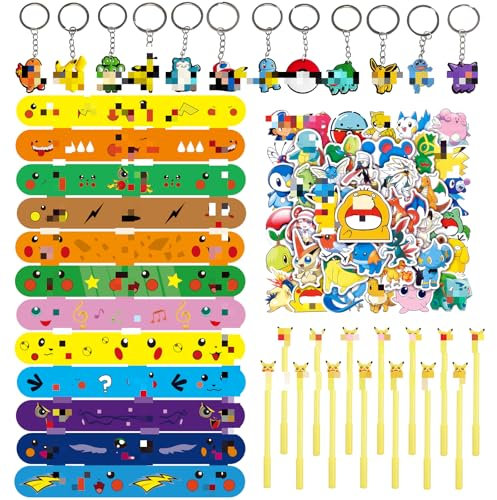 Yisscen 86 Stück Cartoon Party Mitgebsel Set, 12 Slap Armbänder + 12 Anime Schlüsselanhänger + 12 Gel-Tintenstifte + 50 Kinder Aufkleber, Kinder Geburtstag Party Geschenk Für Mädchen Jungen