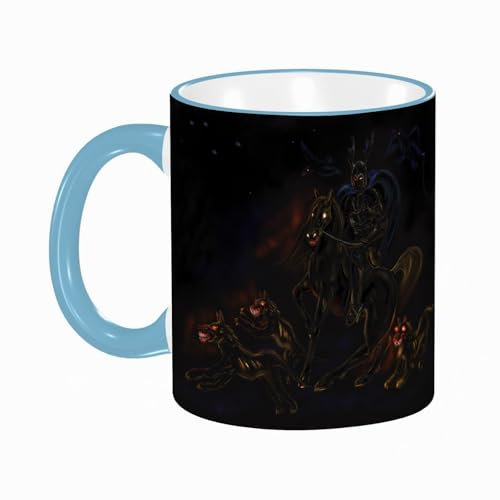 YOIUE Tasse aus Keramik - Große 11oz Tassen 330ml Kaffeetassen mit Henkel, 100% Handbemalt - Trinkgläser mit Griff - Weiß,Das digitale Gemälde. Das handgezeichnete Bild der wilden Jagd. Der Dämonenri