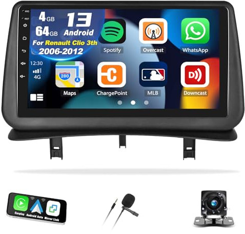4G+64G Autoradio Bluetooth für Renault Clio 3 2005-2014 mit Carplay Sans Fil Android Auto,9“ 1280 * 720P Touchscreen Radio mit 32EQ GPS WiFi FM/RDS MirrorLink Split Screen+Rückfahrkamera &Mic