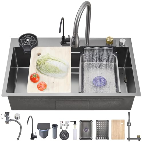 Ribanedy Deep Gray Multifunctional Waterfall Kitchen Sink 75 x 45 cm, Single Bowl Modern Stainless Steel Sink with Pull-Out Spray Faucet, Cup Washer, and Accessory Set