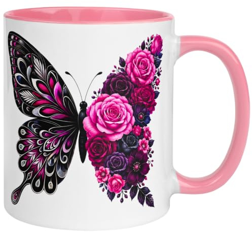 Schmetterling Tasse mit Rosen | Schwarzer Butterfly mit Lila Blüten | Anemonen Kirschblüten Zierapfelblüten