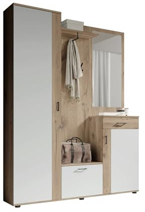 möbelando Kompaktgarderobe >Jens< mit Spiegel, Bank, Hochschrank & Paneel, Viking Oak Dekor/Lichtgrau, 145x184x29 cm, Melaminbeschichtung, viel Stauraum für Flur & Diele, zerlegt