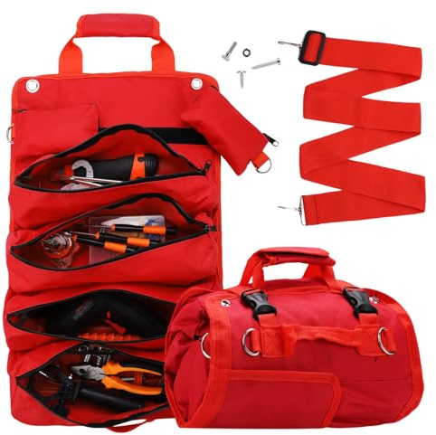 Tool Organizer Bag, Foldable Roll Up Heavy Duty Bag Organizer, with 2 Detachable Pouches, Mechanic Carrying Toolbag, Gifts for Dad Men Birthday Father Day (Red)