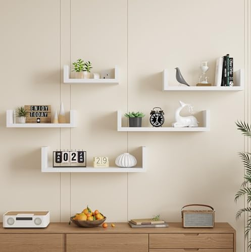 AVC Designs Floating Shelves Set Of 5 Wall Mounted Decorative Wall Shelf For Living Room, Bathroom, Kitchen, Office (White)