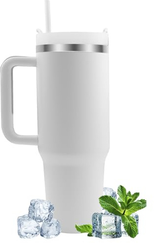Gratuipolmep Tumbler 40oz, Mug Isotherme avec Paille et Poignée, Tasse Isotherme en Acier Inoxydable, Gourde Sans BPA, Double Isolée Sous Vide Tasse Isotherme, pour Boissons Chaudes ou Glacées, Blanc