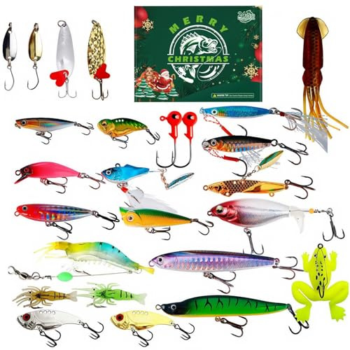 Kustimantu Adventskalender für das Angeln | 24-tägiger Weihnachts-Countdown-Kalender - Bass Köder - Für Erwachsene Jugendliche Väter See Fluss Barsch Forelle Wels Süßwasser Salzwasser