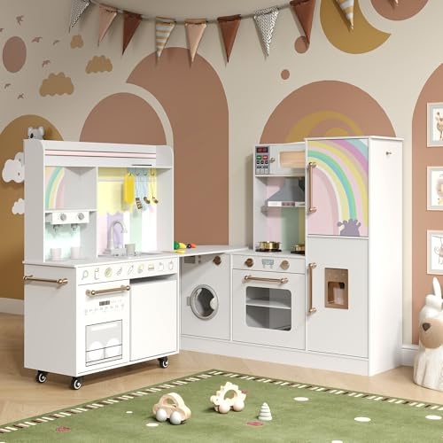 BVIUNTWO Large Play Kitchen Toy Set,Corner Rotatable Kids Kitchen Playset with Real Lights & Sounds,Toy Sink with Running Water,Interactive Role-Play Toy for Multiple Children,Ages 3+,White and Gold