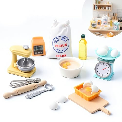 16 Pcs Miniature Kitchen Model Set, Dollhouse Accessories Including Stand Mixer, Kitchen Scale, Flour, Rolling Pin and Others, Realistic Decor For Miniature Houses, Portable Play