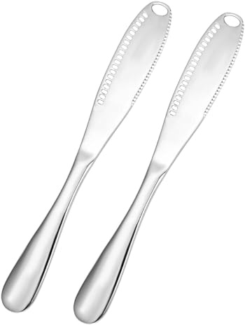 Ubric 2 Stück Butterspatel Spreizer - 3 in 1 Edelstahl Buttermesser mit Löchern, Lockenwickler für Käse, Erdnuss (Silber, 20,5 X 2,5cm)