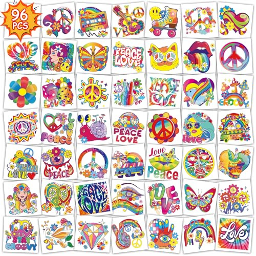 Qpout 96 Stück Hippie Temporäre Tattoos, Groovy 70er 80er 90er Temporäre Tattoos für Jungen und Mädchen, wasserfeste Peace Love Regenbogen Tattoos
