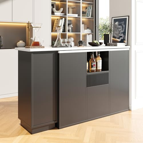 Mrwoo 360° Rotating Bar Table with Marble Top, Innovative Kitchen Island with Open Storage Space, Suitable for Kitchens, L-shaped Design, Dining Rooms and Living Room Bars, 198.5x30x75cm (Black)