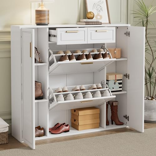 Xwiny Moderne Schuhschrank mit Verstellbaren Regalen und 2 Klappen, Schuhaufbewahrung mit Türen und Offene Regale, Schuhschrank Schmal mit Schubladen und Goldenen Griffen, Weiß-A, 120x24x107 cm