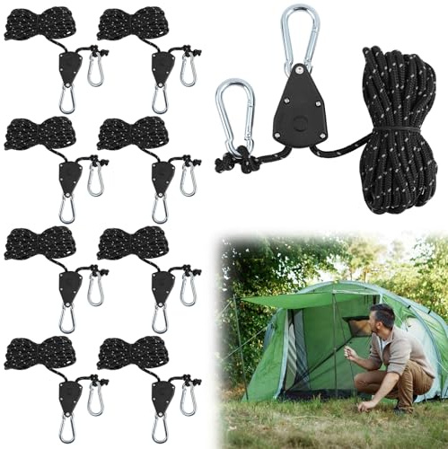 8 Stück Verstellbarer Seil Ratsche, 4M Abspannseile mit Seilspanner, 1/8 Zoll Einstellbare Ratchet Hanger, Zeltschnur, Leichte Abspannleine, Reflektierende Abspannseile für Zeltplane, Camping
