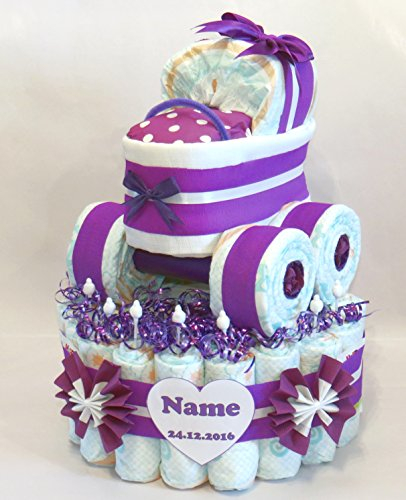 Windeltorte mit Windelkinderwagen lila | Geschenk zur Geburt oder Taufe | Hingucker auf der Babyparty | Taufgeschenk