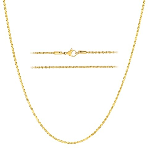 KISPER 18k Gold Hip Hop Braided Rope Chain Necklace – 2mm Gold Plated Solid Stainless Steel Durable Jewelry for Women & Men with Lobster Clasp, 30