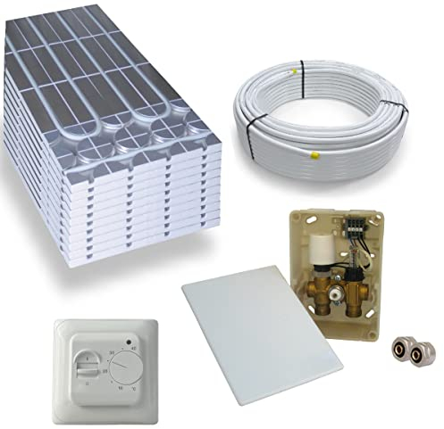 Warmwasser Trockenestrich Fußbodenheizung HoWaTech DRY Komplett Set 5/10m² Dämmplatte 30mm EPS WLG 035 DEO und E-Regelbox Standard Thermostat, Heizfläche:5.00m²