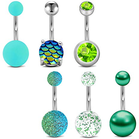 Mayhoop 6 Stück Bauchnabelpiercings mit 6 Stil 1,6 x 10mm Kugel 5 u. 8 mm Bauchnabel Schmuck Nabelpiercing Ring Banane Piercing