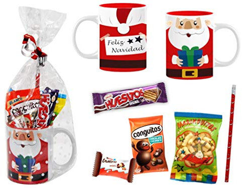 CAPRILO. Lote de 4 Tazas de Cerámica con Golosinas y Chocolates Papá Noel. Vajillas. Regalos y Juguetes para Fiestas de Cumpleaños, Bodas, Navidad y Reyes, Bautizos y Comuniones. DC