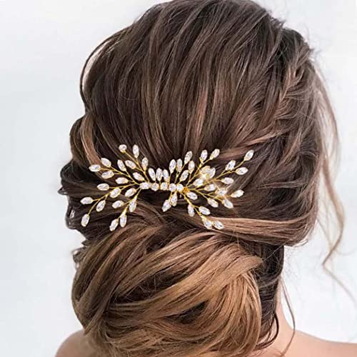 Fairvir Brautschmuck Hochzeit Kamm Silber Glitzernde Strasssteine Seitenwappen Braut Haarschmuck für Damen und Mädchen (Gold)