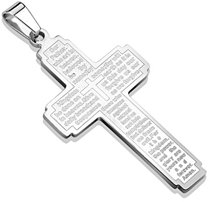 Paula & Fritz® Herren Ketten-Anhänger Kreuz Das Vater Unser 316L Chirurgenstahl Silber 62 x 30-mm Halsketten Pendant Damenkettenanhänger Lord's Prayer