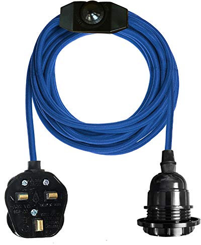 DC VOLTAGE Plug in Pendant Light Fitting Kit, E27 Lamp Holder with Switch Suspended Pendant Light plug in pendant light with switch, 2m Fabric Cable Plug in with Dimmer Switch (Blue)