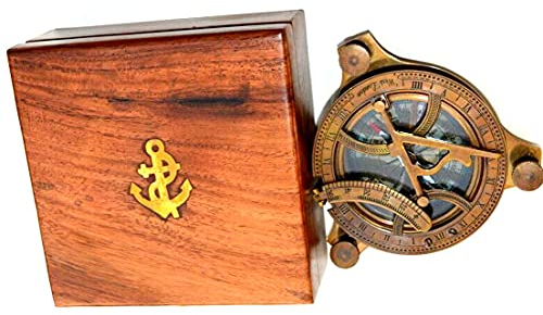 Antiker Messing-Kompass, antiker Stil, Maritim, 10,2 cm, Sonnenuhr-Kompass, Sammlerstück mit Holzbox