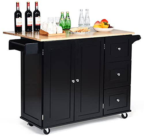 COSTWAY Desserte de Cuisine sur roulettes, Îlot Central Cuisine Plateau en Bois d'Hévéa Pliable, Rangement 3 Tiroirs Étagères Réglables, Support à Épices & Porte-Serviette, 76 x 136 x 91 cm, Noir