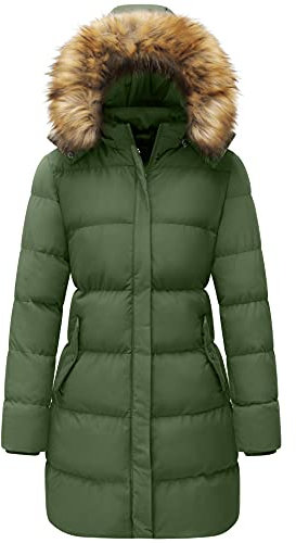 WenVen Women's Winter Warm Thicken Long Coat Warm Quilted Jacket with Faux Fur Removable Hood Army Green S