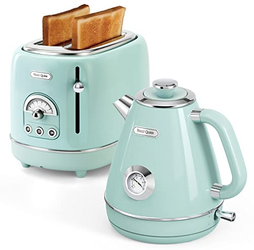 Hazel Quinn Edelstahl Toaster Retro Style Frühstückssets, 2 Extra Breiten Toastschlitzen, Abschaltautomatik, 815 Watt, Elektrischer Wasserkocher 1,7 Liter 2200 W, BPA-frei, 360° Gerätefuß, Minzgrün