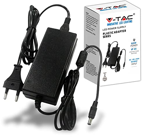 V-TAC Adaptateur Alimentation 12V 60W 5A pour Caméras, Bandes LED, Modems - Transformateur Chargeur 12V - Prise 2 Pin EU pour Equipements Electroniques - AC 100-240V 50/60Hz - Noir