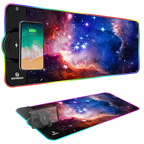 MXWEEUI Mouse Mat,Desk Mats Large,Wireless Charging Desk Mat, Keyboard Mats for Desk,15W Qi Fast,10 Lighting Modes,Non-Slip Rubber Base,For Keyboard&Mouse Gaming Desk,PC(31.5X11.8,Galaxy)