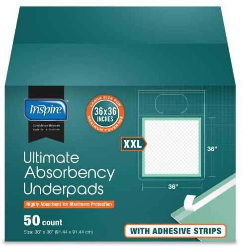 Inspire Super and Ultra Absorbent Disposable Bed Pads, 36 X 36, Pack of 50 with Adhesive, XXL