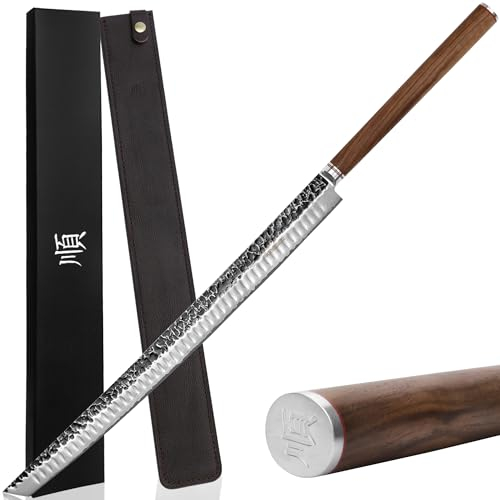 YOUSUNLONG Couteau Sakimaru Ultra Yanagiba de 590 mm - Lame japonaise en acier damassé à marteau - Couteau de chef adapté à la découpe de gros saumons de thon maguro - Manche en noyer naturel