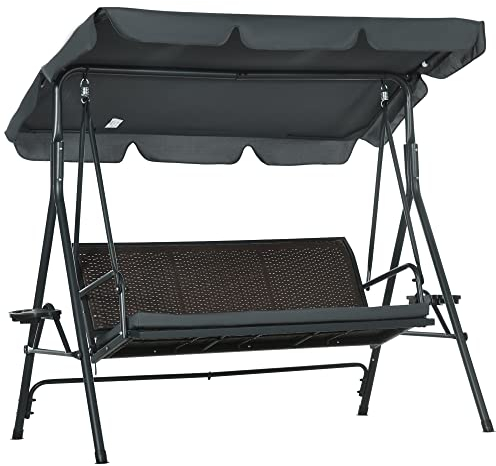 Outsunny Altalena da giardino a 3 posti Panca per altalena da esterno con tettuccio regolabile Seduta in rattan 2 portabicchieri 2 vassoi e telaio in acciaio per terrazza patio 204x112x150 cm Grigio