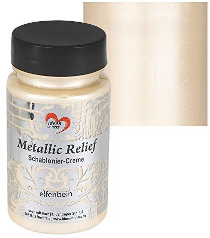 Ideen mit Herz Schablonier-Creme Metallic Relief | feine Strukturpaste | Schablonierfarbe | Schablonierpaste | 90 ml | auf Wasserbasis (elfenbein)