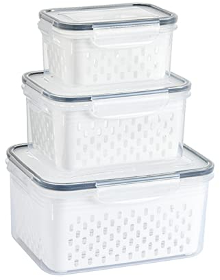 Wifehelper 3 Pack Modern Minimalist Fruit & Vegetable Storage Containers with Removable Drain Colanders, Refrigerator Organizer