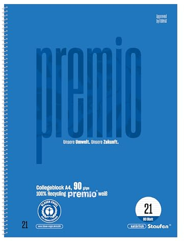 Staufen premio Collegeblock - 2 Blöcke je 80 Blatt, DIN A4, Lineatur 21 (9 mm liniert), 4-fach Lochung, 90 g/m² Recyclingpapier