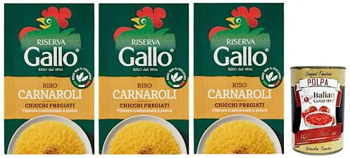 Italian Gourmet Riso Riserva Carnaroli Risottoreis Packung 3 x 1kg Vorrat | 100% italiano, cottura 15 minuti, große Körner, cremige Ergebnisse für, Gesamtnettogewicht 3 kg + Kostenlos Polpa 400g