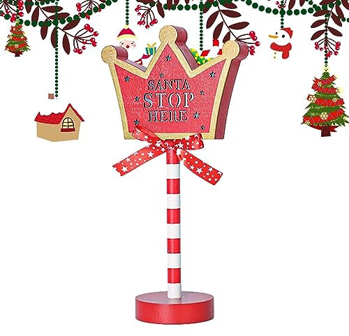 Amesor Stop Sign Decoration, LED Santa Stop Here Tree Topper, Light Up Stop Sign Vertical Outdoor Signs Desk Lamp For Patio, Pathway, Lawn, Walkway