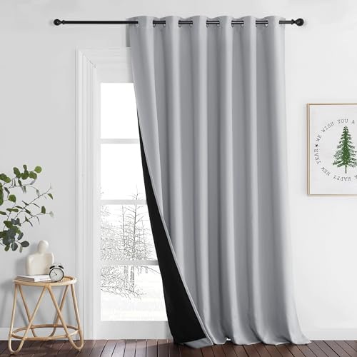 PONY DANCE Doppellagiger und Lichtundurchlässiger Vorhang Thermo Hitzeschutz 1 Stück H 245 x B 200 cm Extra Breite Gardine 100% Blickdicht Ösenschal Verdunkelungsvorhang, Silbergrau