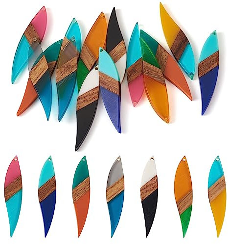 Pandahall Lot de 14 pendentifs en résine et bois colorés en forme de feuille pour boucles d'oreilles pendantes, colliers et créations de bijoux, Bois