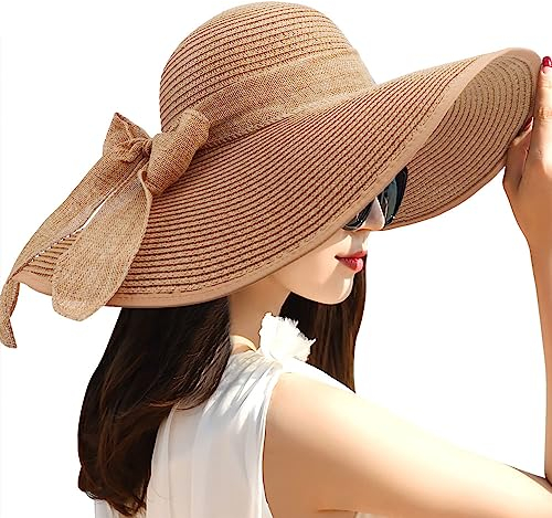 DRESHOW Femme Capeline Chapeau de Paille Chapeau à Large Bord Casquettes Anti-Soleil Respirant Pliable Rouleau Plage Cap Chapeau de Soleil UPF 50+