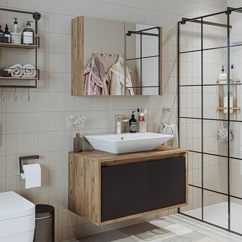 ROOMART • Badmöbel Set • Atlantic • 3-teilig • Keramik Waschbecken mit Unterschrank 65 cm, 85 cm, 100 cm, Spiegelschrank 80 cm (Anthrazit - Eiche, 85 cm)