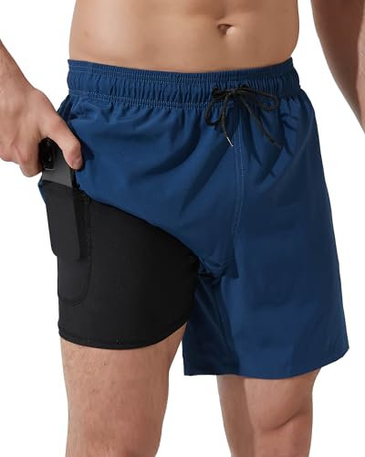 Arcweg Bañador para Hombre con Forro de Compresión 2 en 1 de Secado Rápido con Forro Corto Elástico para la Playa con Bolsillos con Cremallera Azul Cian M(EU)